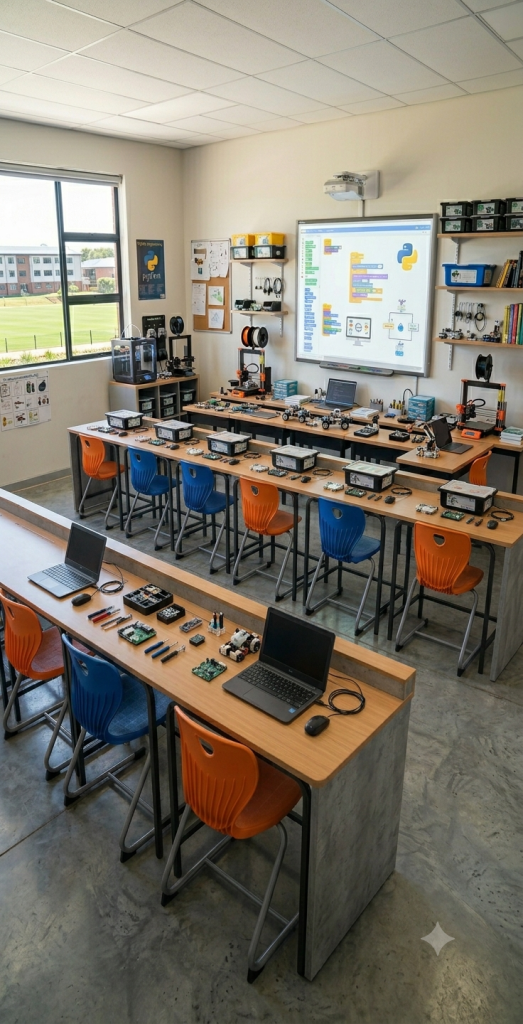 Hands-on classroom or dedicated lab environment setup. It emphasizes a structured yet exciting space filled with tech tools where schools can build programs and robotics.