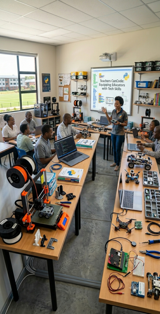 interactive teacher-training or workshop environment. It highlights collaboration and educators confidently equipping themselves with technical skills, to teach Coding and Robotics.